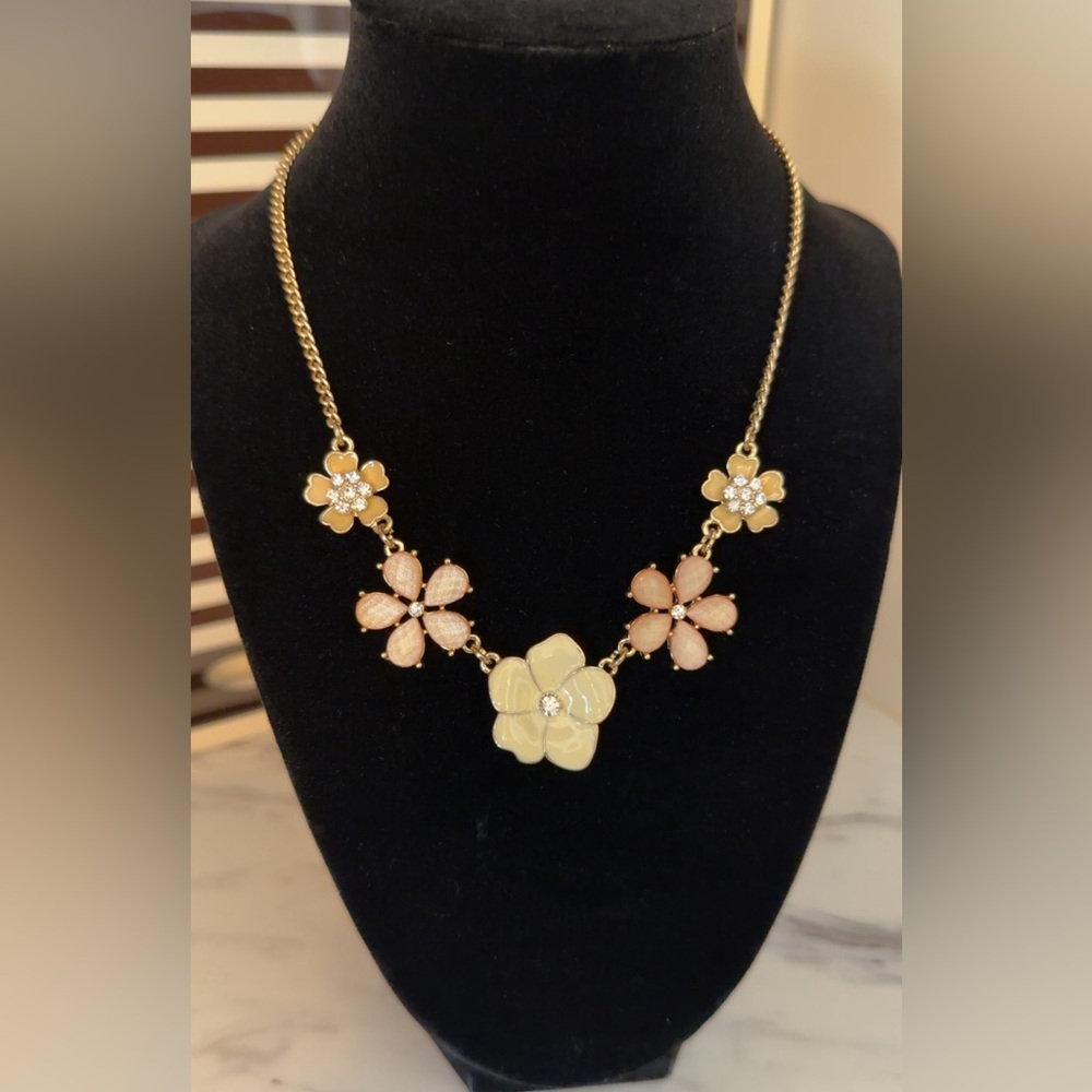 Pink Ivory Floral Statement Necklace Gold Tone Crystal Flowers